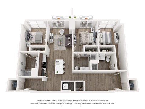 Floor plan for 3 beds, 3 baths, 1331 sqft